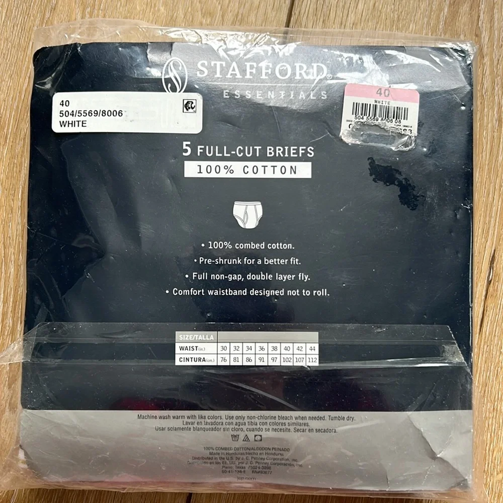 NEW Stafford 40 5-Pack Full-Cut White Brief 100% Cotton Underwear Essent…